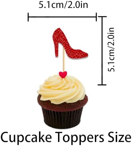 Heel Cupcake Topper for Beautiful High Heel Make Up Theme Party Favors Decorations Women Girls Happy Birthday Party Decor Supplies 18pcs Red Glitter