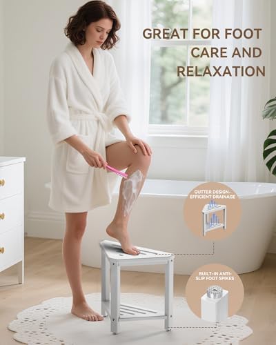 Shower Foot Rest 15in, HDPE Waterproof Shower Stool for Inside Shower, Corner Shower Stool for Shaving Legs with Storage Shelf for Small Space, Shower Step Stool, Plastic Corner Shower Bench, White