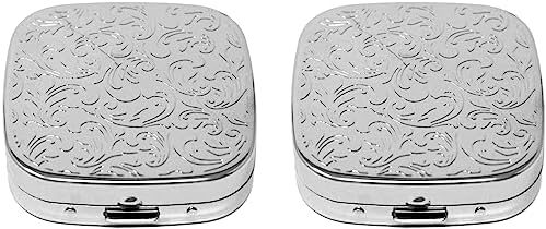 Set of 2 Square-Shaped Pocket Purse Pill Box with Mirror (Silver Etched Floral Print)