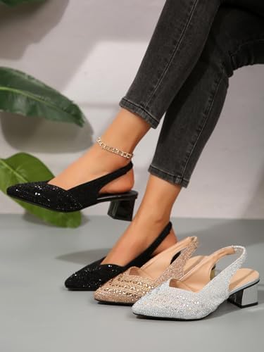 Women's Fashion Rhinestone High Heel Chunky Heel Sandals, Block Heels Slingback Pointed Toe Low Heels, Wedding Party Dress Pumps Shoes with Elastic Laces