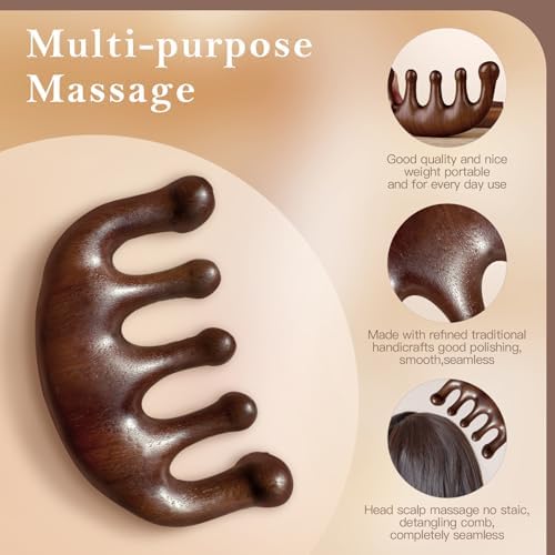 2 Pack Wooden Wide Tooth Hair Comb and Head Massage Tool - Handmade 100% Natural Green Sandalwood Meridian Scalp Massager