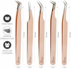 LASHORAA Professional 5pc Lash Extension Tweezers Pack - Fiber Tip Diamond Grip Japanese Steel, Precision Angled Tips - Perfect for Volume & Mega Volume Lashes with Leather Pouch (Peach)