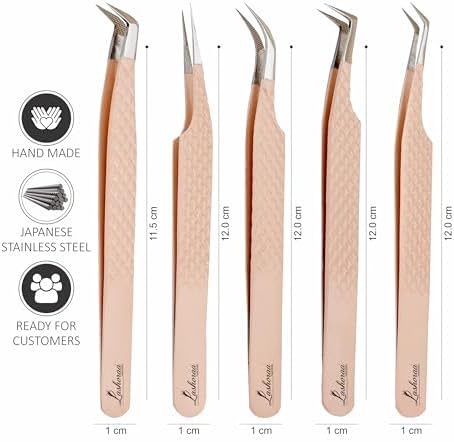 LASHORAA Professional 5pc Lash Extension Tweezers Pack - Fiber Tip Diamond Grip Japanese Steel, Precision Angled Tips - Perfect for Volume & Mega Volume Lashes with Leather Pouch (Peach)