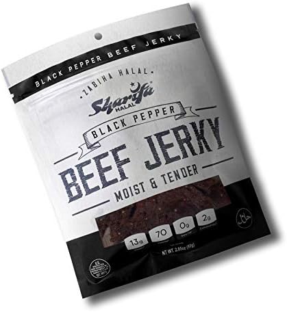 Sharifa Halal Beef Jerky, Black Pepper, (1) 2.85 oz. Bag – Great Everyday Halal Jerky Beef Meat Snack, 100 % Real Zabiha Halal Beef, 13g of Protein, 70 Calories, 0g Trans Fat, & 2g of Carbohydrates