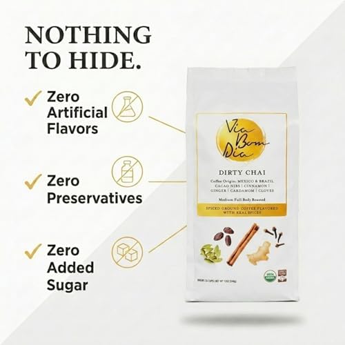 Via Bom Dia 100% Naturally Flavored Ground Coffee, Dirty Chai, Medium Roast, No Artificial Flavors, 12 oz. Bag