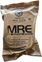 Genuine USGI Individual MRE [Meal, Ready to Eat] Inspection Date 01/2024 or Newer - You Choose Menu - Complete Ration with Entree, Snacks, Dessert, Drink Mix, Utensils, Condiments and FRH. (#9 Beef Stew)