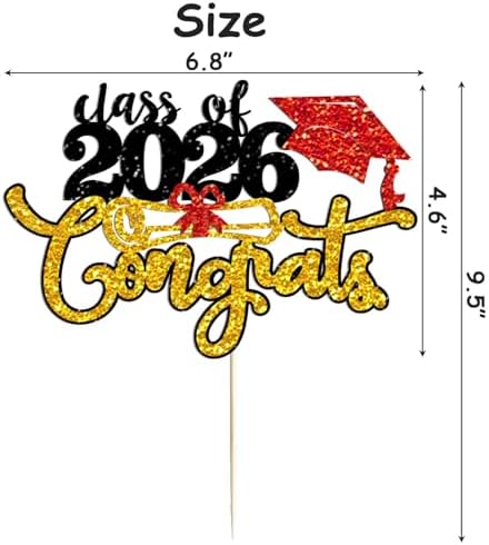 Congrats Class of 2026 Cake Topper - Black Gold Glitter Congrats Grad Cake Decor for Senior High School/University Graduation/College/So Pround of You/2026 Graduation Party Cake Supplies Decoration