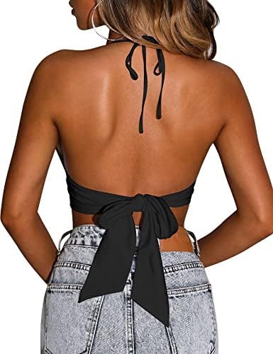 Mizoci Women's Sexy Summer Sleeveless Halter Deep V Neck Crop Top Tie Up Backless Cami