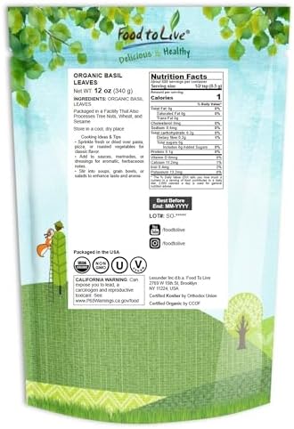 Food to Live - Organic Basil Leaves, 12 Ounces – Dried & Cut. Great for Pizzas, Pesto, Soups, Sauces, Salads and Herbal Tea. Non-GMO. Kosher. Bulk