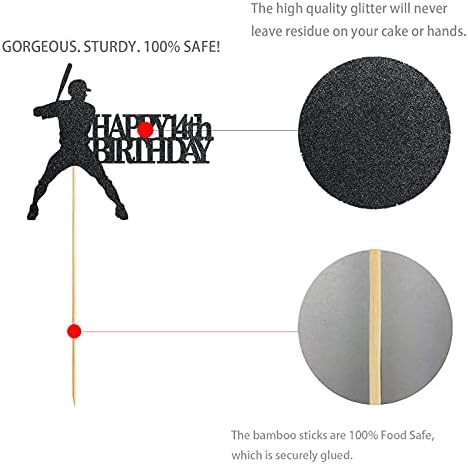 Black Baseball 14 Birthday Cake Topper, Glitter Happy 14th Birthday Party Decoration