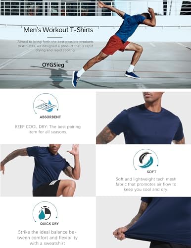 OYGSieg 5 Pack Workout Shirts for Men Short Sleeve Athletic Active Tops Quick Dry Crew Neck T Shirt for Running