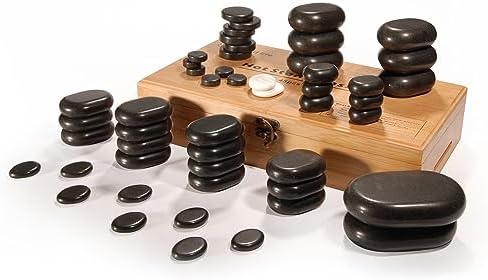Master Massage 50 Piece Deluxe Hot Stone Massage Stone Set Kit Package for a Full Body Massage with Black Lava Volcano Basalt Rock, White Marble Cool Cold Stone