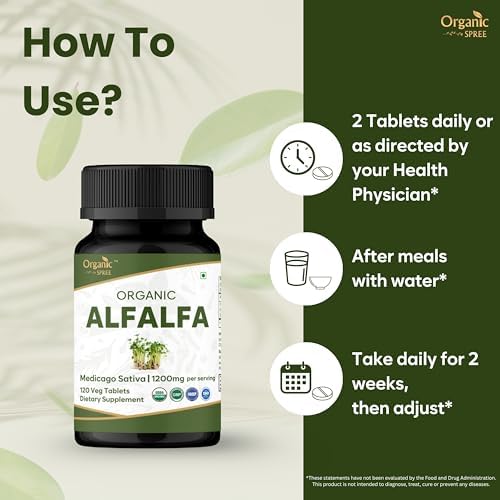 Alfalfa 120 Tablets | Medicago Sativa (Alfalfa) | USDA Organic Certified | Superfood Supplement with Vitamins and Minerals* | Dietary Supplement 120tab
