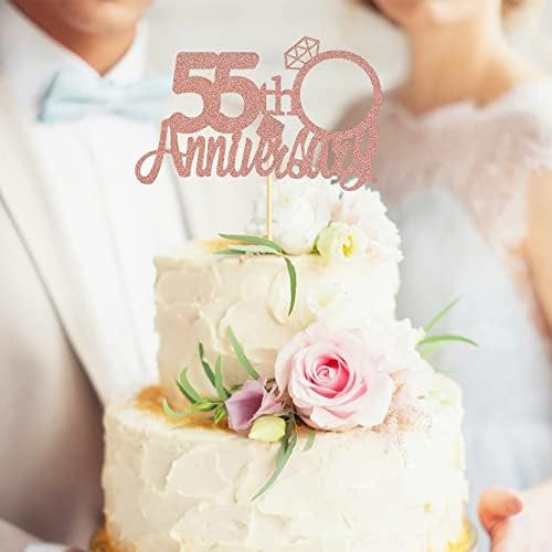 Sumerk 55th Anniversary Cake Topper,13PCS Rose Gold Glitter Cake Toppers Cake Decorations Set for 55th Wedding Anniversary Celebration Party