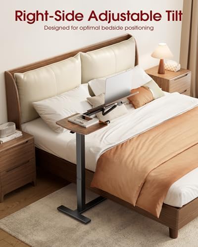 Sakugi Overbed Bedside Table with Wheels, Height Adjustable Laptop Desk, Hospital Bed Table with Right-Side Tilt Top, Rolling Bed Tray for Home & Office,27.6" L x 12.9" W x 29.1"–39" H, Brown