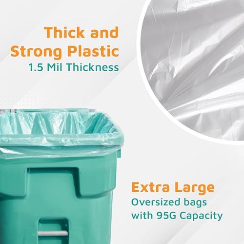 PlasticMill Heavy Duty Trash Bags - Clear Garbage Bags - Plastic Trash Bags for Large Rolling Trash Bins - Tall Trash Bags - 95-Gallon Large Kitchen Trash Bags, 1.5 Mil, 61"x68" (50-Count)