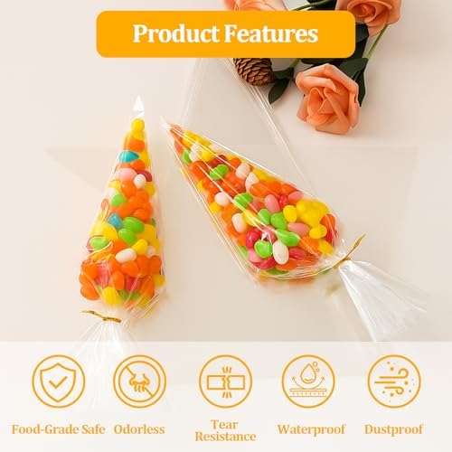 YFANITI Cone Cellophane Bags,100 PCS Cone Shaped Cellophane Treat Bags with twist Ties,Transparent Cone Cello Sweet Treat Bags for Party Favor(11.8x7.1 Inch)
