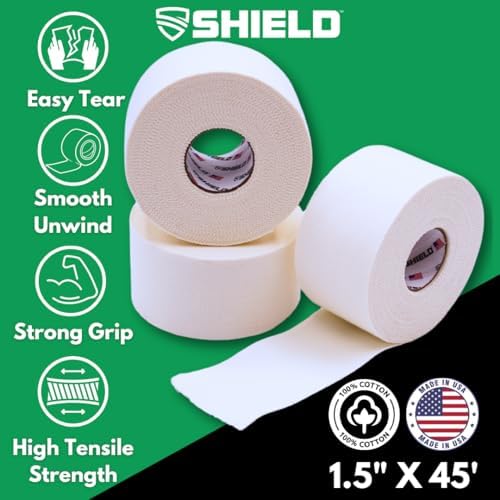 SHIELD Athletic Tape - 32-Roll Bulk Pack - Made in USA, Comfortable, Easy Tear, Strong Hold, No Residue. Pro-Grade for Trainers, Gyms, Schools, Athletes - 1.5 in x 15 yd (White)