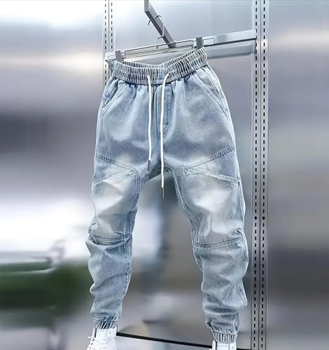 Men's Stretchy Drawstring Jeans Elastic Waist Slim Fit Denim Pants Tapered Regular Washed Jean Pant
