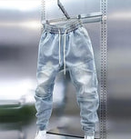 Men's Stretchy Drawstring Jeans Elastic Waist Slim Fit Denim Pants Tapered Regular Washed Jean Pant