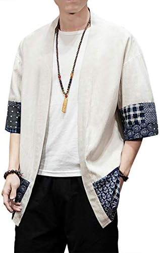 PRIJOUHE Men's Kimono Jackets Cardigan Lightweight Casual Cotton Blends Linen Seven Sleeves Open Front Coat Outwear