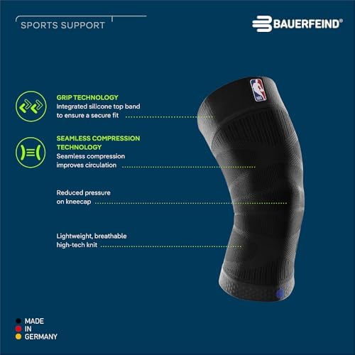 Bauerfeind Sports Compression Knee Support NBA - Lightweight Design with Gripping Zones for Basketball Knee Pain Relief & Performance with Team Designs (Black, L)