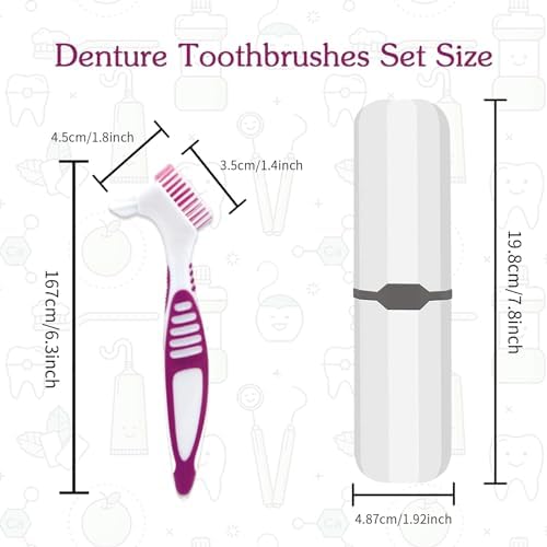 Denture Brush, 2 Pcs False Teeth Toothbrush with White Carrying Case, Multi-Tiered Bristles with Comfort Grip Handle for Effective Denture Cleaning