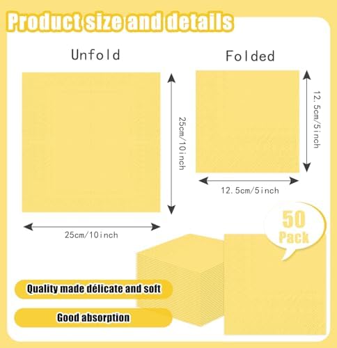 SietDESEO 50 Pieces Yellow Napkins Disposable 3-Ply Yellow Cocktail Napkins Paper Dinner Napkins for Birthday Baby Shower Wedding Party Beverage Napkin