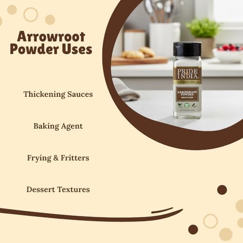 Pride of India – Natural Arrowroot Ground Powder – Gourmet Baking & Thickening Agent – Gluten & GMO Free – Good for Sauces, Fritters & Fries – Easy to Use – 2oz. Dual Sifter Bottle