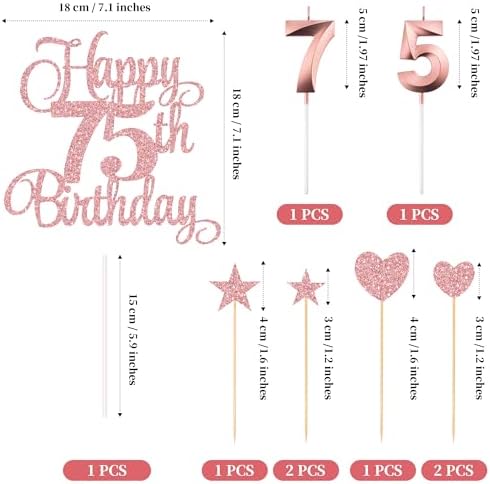 75th Birthday Cake Decorations, 75th Birthday Candles Cake Numeral Candles and Glitter Happy 75th Birthday Cake Toppers Set for Birthday Party Supplies (Rose Gold)