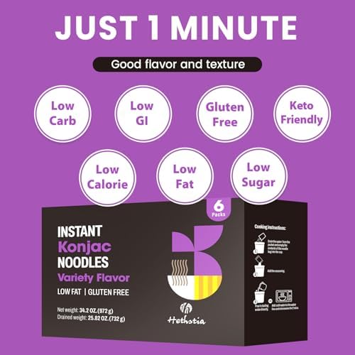 Hethstia Konjac Noodle Soup, 6-Pack Instant Shirataki Noodle Variety Pack (Spicy Red Curry, Miso, Kimchi, Tom Yum) – Low Carb, Low Calorie, Gluten-Free, Vegan, Keto, Ready to Eat Healthy Instant Meal