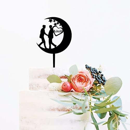 2 Grooms with Moon And Stars Cake Toppers Men Anniversary Decoration Cake Toppers Same Sex Silhouette Homosexual Gay Wedding Decor LGBT Toppers, Acrylic Black