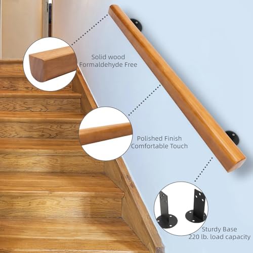 Wood Handrails for Indoor Stairs, 3Ft Safety Non-Slip Stair Railing, Professional Pine Handrails Support Rod Complete Kit for Lofts Bars Guardrail Corridor