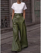 Sexyshine Women's PU Faux Leather Wide Leg Pants High Waisted Buckle Belt Loose Vintage Leather Pants Chic Clubwear