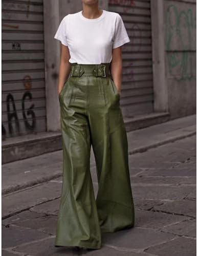 Sexyshine Women's PU Faux Leather Wide Leg Pants High Waisted Buckle Belt Loose Vintage Leather Pants Chic Clubwear