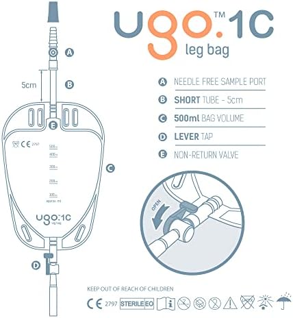 Ugo Leg Bags (x10) – Urine Drainage Bags/Catheter Leg Bags, T Tap or Lever Tap with Soft Fabric Backing and a Natural Leg-Shape Design (Pack of 10) (Ugo 1C - 500ml, Short Tube, Lever Tap)