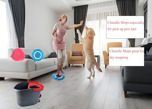 6 Pack Spin Mop Head Replacements Compatible with OCedar Easywring 1 Tank,4 Chenille Duster Mops Pad Refill Compatible with Oceda,Includes 2 PCS Microfiber Mops,White Red Blue,Machine Washable
