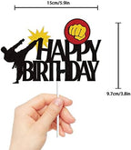 Karate Happy Birthday Cake Topper Black Glitter Kung Fu Black Belt Taekwondo Themed Party Supplies for Boys Girls Men Women