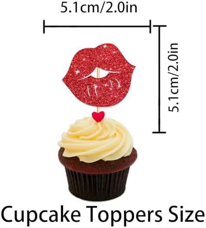 Big Lip Cupcake Topper for Bachelorette Bridal Shower Theme Party Favors Decorations Women Lady Girls Birthday Girls' Night Out Happy Birthday Party Decor Supplies set 18pcs Red Glitter Silhouette