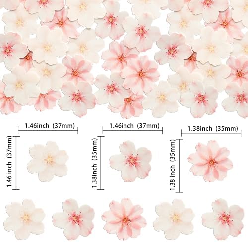 Gyufise 54Pcs Edible Cherry Blossoms Cupcake Toppers Edible Flowers Cake Decorations Wafer Paper Flowers Cupcake Topper for Baby Shower Kids Birthday Party Decorations Supplies Pink White