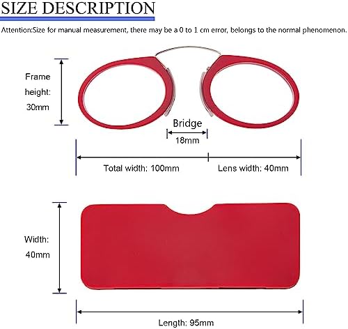 REAVEE 2 Pack Pinch Nose Clip on Reading Glasses Armless for Men Women, No Temple Slim Compact Readers Ultra Thin with Mini Portable Case, Black and Red +2.0