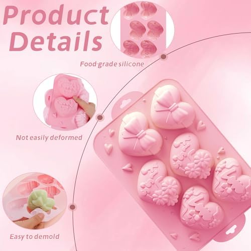 2 Pack Silicone Heart Chocolate Candy Molds，3D Heart Shaped Silicone Fondant Non-Stick Baking Mold for Love Themed Treats, Cupcake, Chocolate, Candy, Ice Cube (Pink)