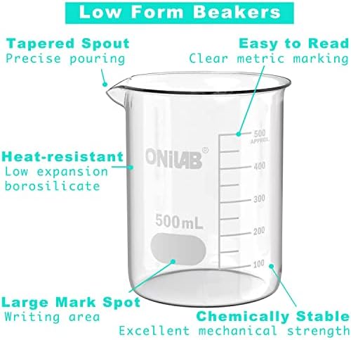 ONiLAB 8.5oz(250ml) Sturdy Glass Beaker, 3.3 Borosilicate Griffin Low Form with Printed Graduation, Pack of 6 13900250