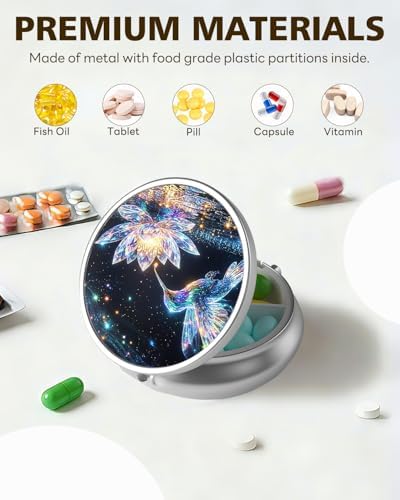 LRITER Pill Case, Portable Travel Pill Box, Pillbox Organizer, Cute Small Medicine Storage Container, Purse Accessories for Women, Men (Lotus Bird)