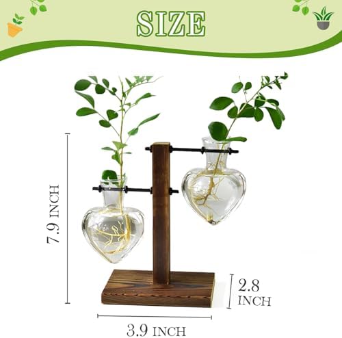 XXXFLOWER Plant Terrarium Wooden Stand, Hydroponic Planter Bulb Glass Metal Swivel Holder Retro Air Plants Water Plants for Home Office Decoration,Gifts for Plant Lover Wife Mom- 2 Love Bulb Vase