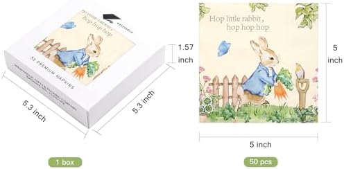 WRAPAHOLIC 50Pcs Easter Cocktail Napkins - 3-Ply Garden Hop Rabbit Disposable Paper Napkins for Easter, Spring, Birthday and Baby Shower - 5 x 5 In