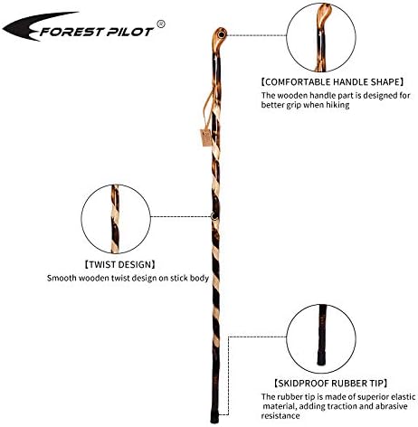 FOREST PILOT Handcrafted Nature Wood Hiking Stick 55 Inches Long - with Hand Strap and Rubber Tip Cover - Transparent Waterproof Painting Coating