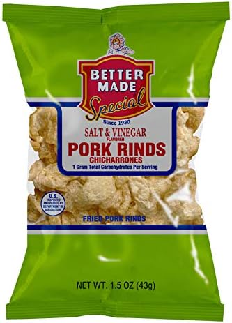 Better Made Salt & Vinegar Flavored Pork Rinds Chicharrones - 8-Pack - 2.5oz Bags - 1g Carbs - Keto Friendly - Flavored Crispy Snacks, Family Owned Since 1930 - Lunch