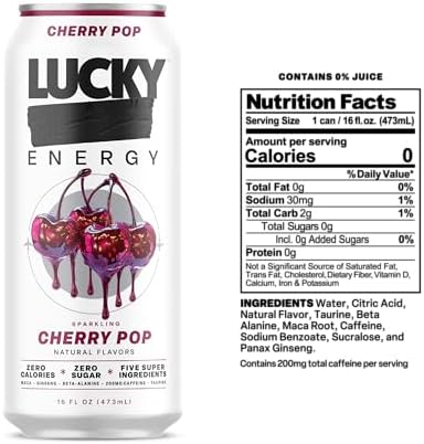 Lucky Energy Sugar Free Energy Drinks, Cherry Pop, 16oz Cans (12-Pack) Healthy, Zero Sugar Energy Drink with Maca, Ginseng, Beta-Alanine, Taurine & 200mg Caffeine