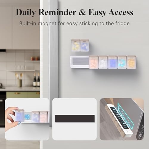 KOVIUU Weekly Pill Organizer Magnetic for Fridge, Removable Pill Box 7 Day 1 Time a Day, Large Pill Case Travel, Week Once Daily Dispenser, Medicine Container Holder for Supplement Vitamin, Brown